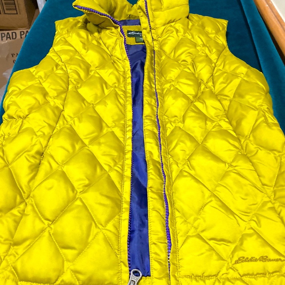 Like new Eddie Bauer girls size 10 down gold/purple vest.